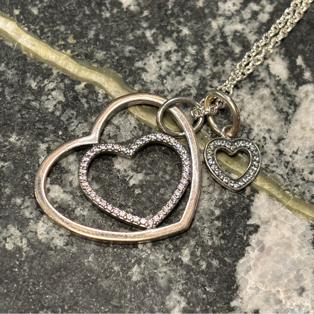 Authentic & Retired Pandora Silver Forever in My Heart Necklace w/ CZ’s 925